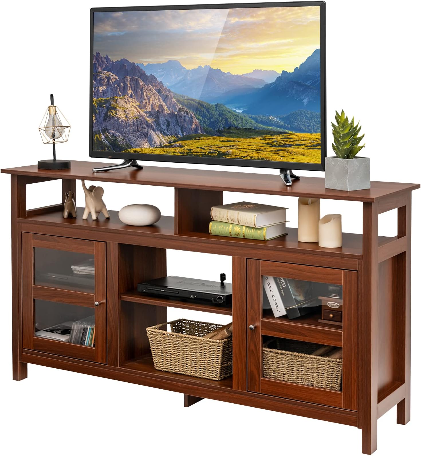 – COSTWAY TV Stand for TVs up to 65", Wooden Television Media Entertainment Center with 4 Open Shelves & 2 Side Cabinet, Living Room Bedroom TV Unit Console Table for 18" Electric Fireplace (Walnut)