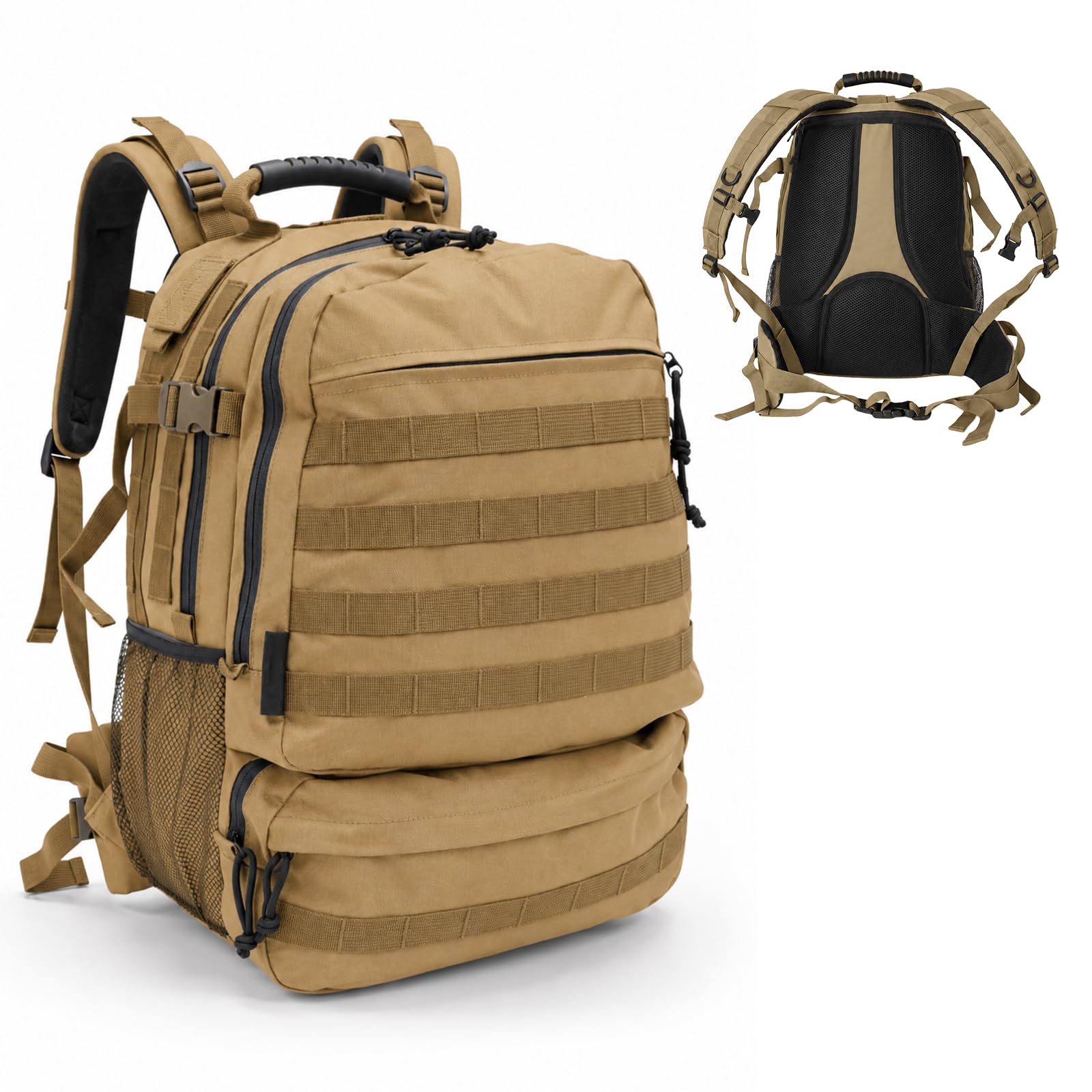 Bordlite 25L Military Tactical Backpack, Heavy Duty MOLLE Rucksack with Padded Shoulder Straps, Waist Belt, Multiple Compartments for Hiking, Camping, Travel, Gym & Work, Sand