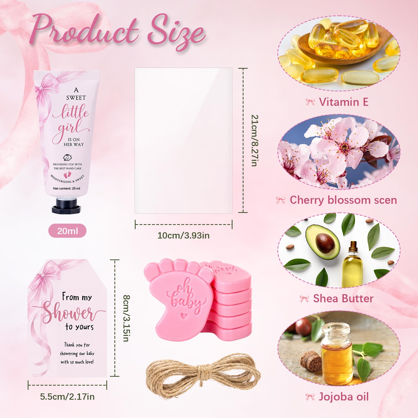25 juegos de recuerdos de baby shower con lazo rosa para invitados, kit de crema de manos perfumada y jabón de huellas con tarjetas, bolsas de regalo transparentes y cordel para regalos de