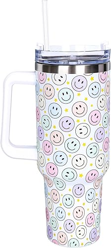 Whaline Vaso de 40 onzas con asa y popote y tapa, diseño de cara sonriente, taza de café de viaje para mujeres, amigas, vacaciones, regalo de
