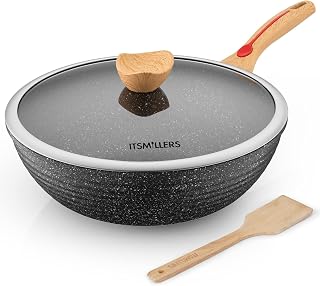 ItsMillers 12 Inch Nonstick Aluminum Wok with Lid & Spatula - PFOA-Free, Scratch-Resistant, Induction Ready, Dishwasher Safe, 6L Family Size
