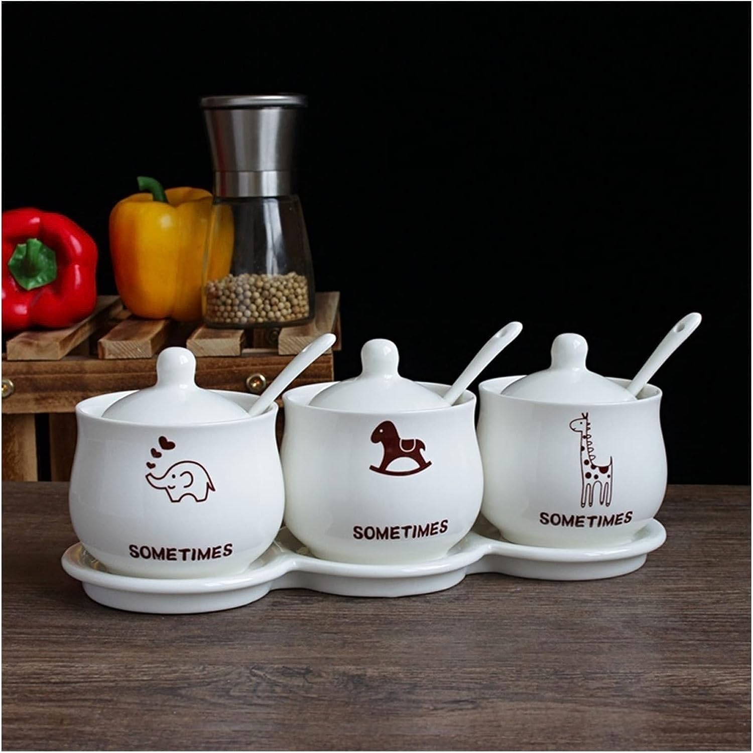 Salero Y Azucarero Cocina Juego De Recipientes Para Condimentos Cerámica Con Tapa Cuchara Y Bandeja, Tarro Para, Sal, Azúcar, Pimienta, Caja Especias, Bol, Cocina Casera Caja De Almacenamiento