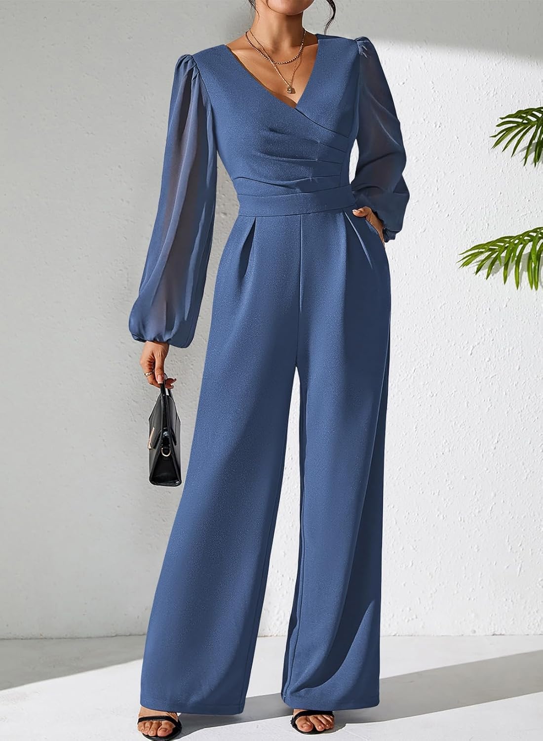 Pink Queen Jumpsuits for Women Dressy Patchwork Chiffon Sleeve V Neck Wide Leg Romper Elegant Party Outfits