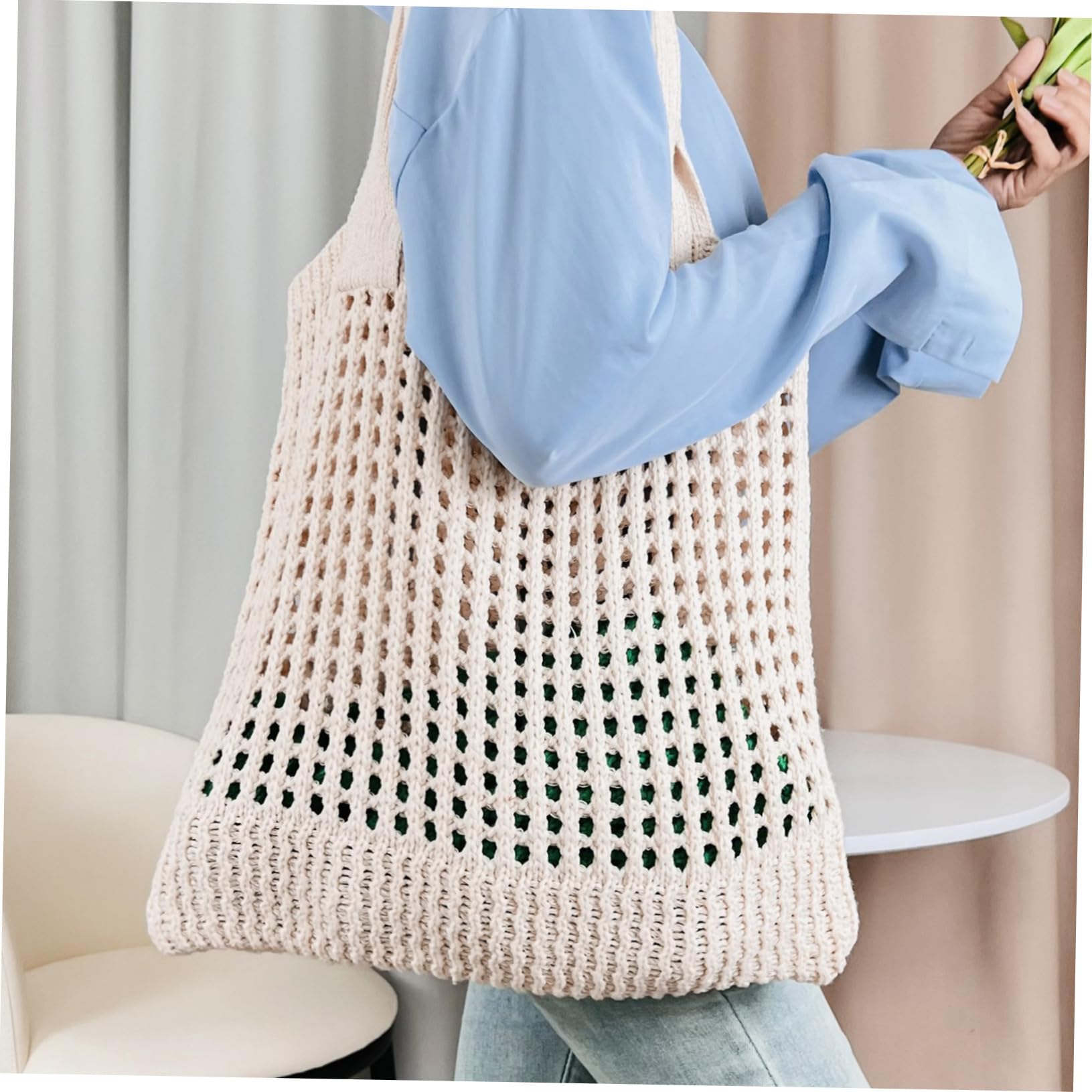 LIFKOME Borsa da Spiaggia Intrecciata in Fibra di Poliestere Borsa Tracolla Estiva Tote Bag Boho per Shopping e Vacanze