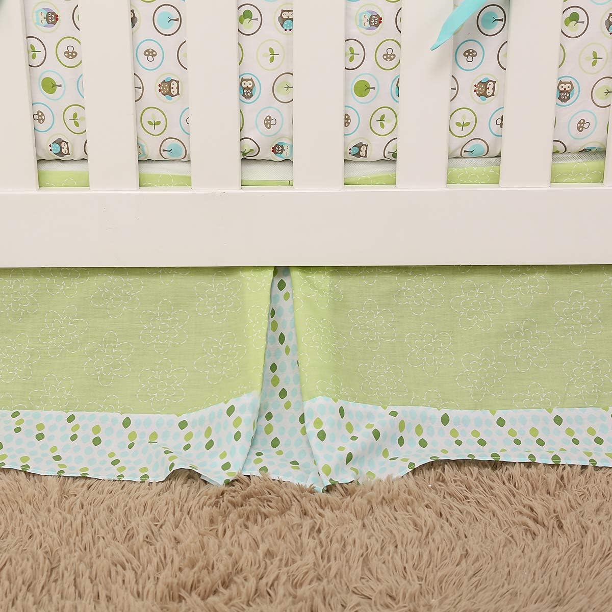 3 PCs Green Owl Theme Nursery Crib Bedding Set Quilt Fitted Sheet Skirt Embroidery Owl Squirrel Baby Girl Boy Cot Bedding Set