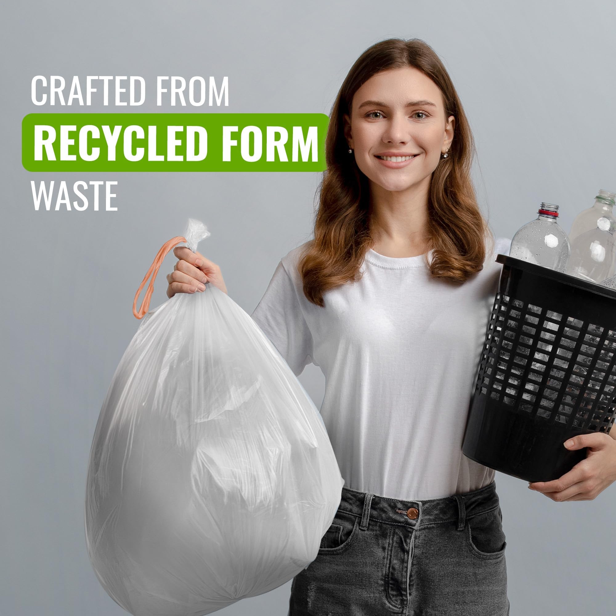 EcoBag Confezione da 100 sacchetti bianchi per la spazzatura da cucina con coulisse, 50-60 l, 28 micron, resistenti, compatibili con Brabantia, ecologici, resistenti agli strappi, trasparenti (620 x