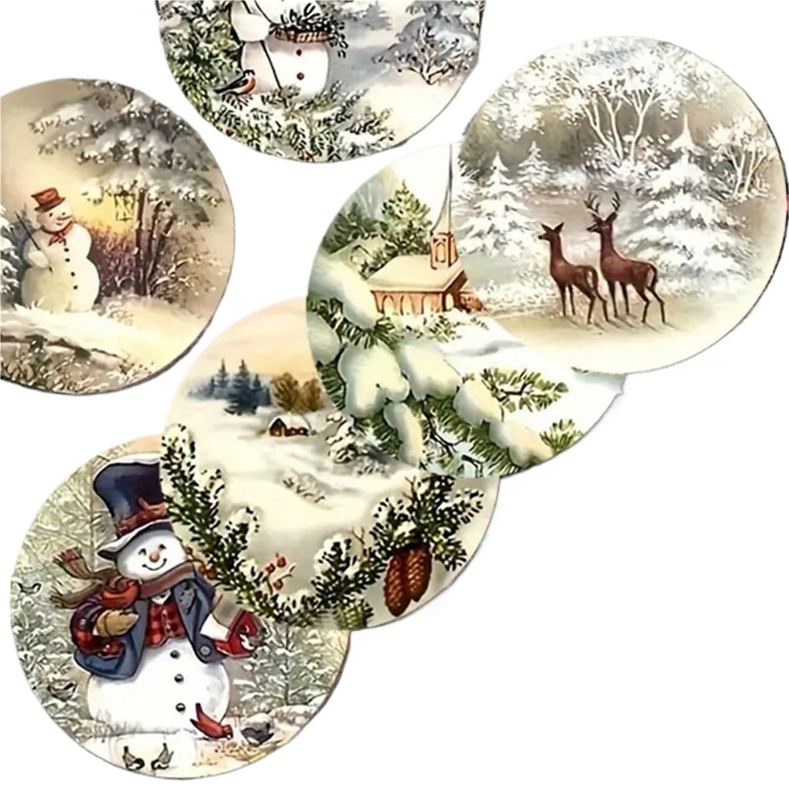 Wooden Round Coasters 6Pcs/Set Christmas Themed Patterned Wooden Coasters
