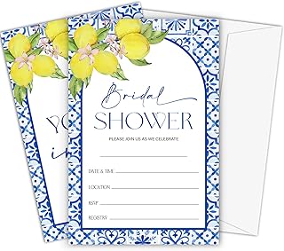 Fbitey Mediterranean Lemon Bridal Shower Invitations, Set of 25 Lemon Italian Blue Tiles Bridal Shower Invites with Envelopes for Engagement Wedding Party-A11