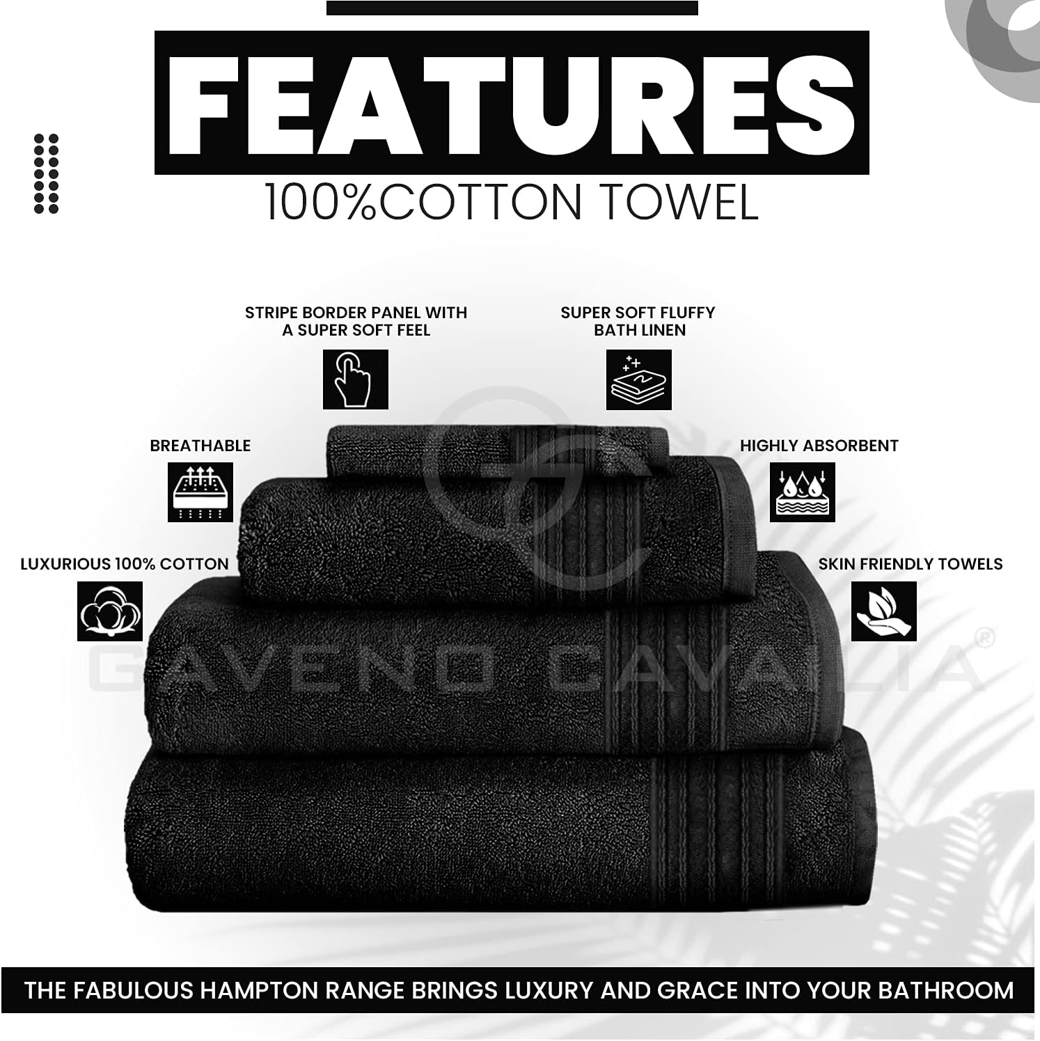 Gaveno Cavailia 100% Natural Cotton Thick Absorbent 450 GSM Hampton Hand Towel [ Pack of 4-Black (50x80 cm) - Image 3