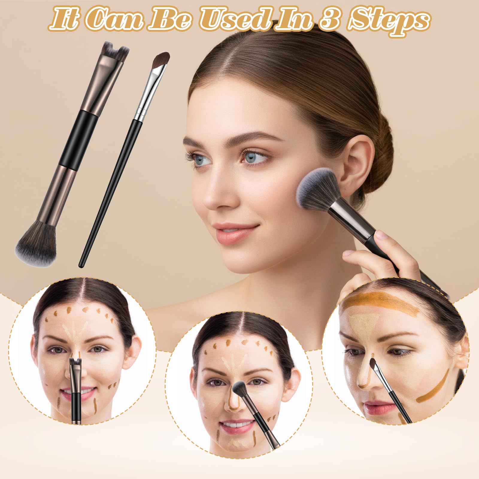 Lot de 2 pinceaux de contour de nez, pinceau 2 en 1 en forme de U et pinceaux moelleux, petit pinceau biseauté pour fard à paupières, double tête, outils de maquillage pratiques pour surligner, blush