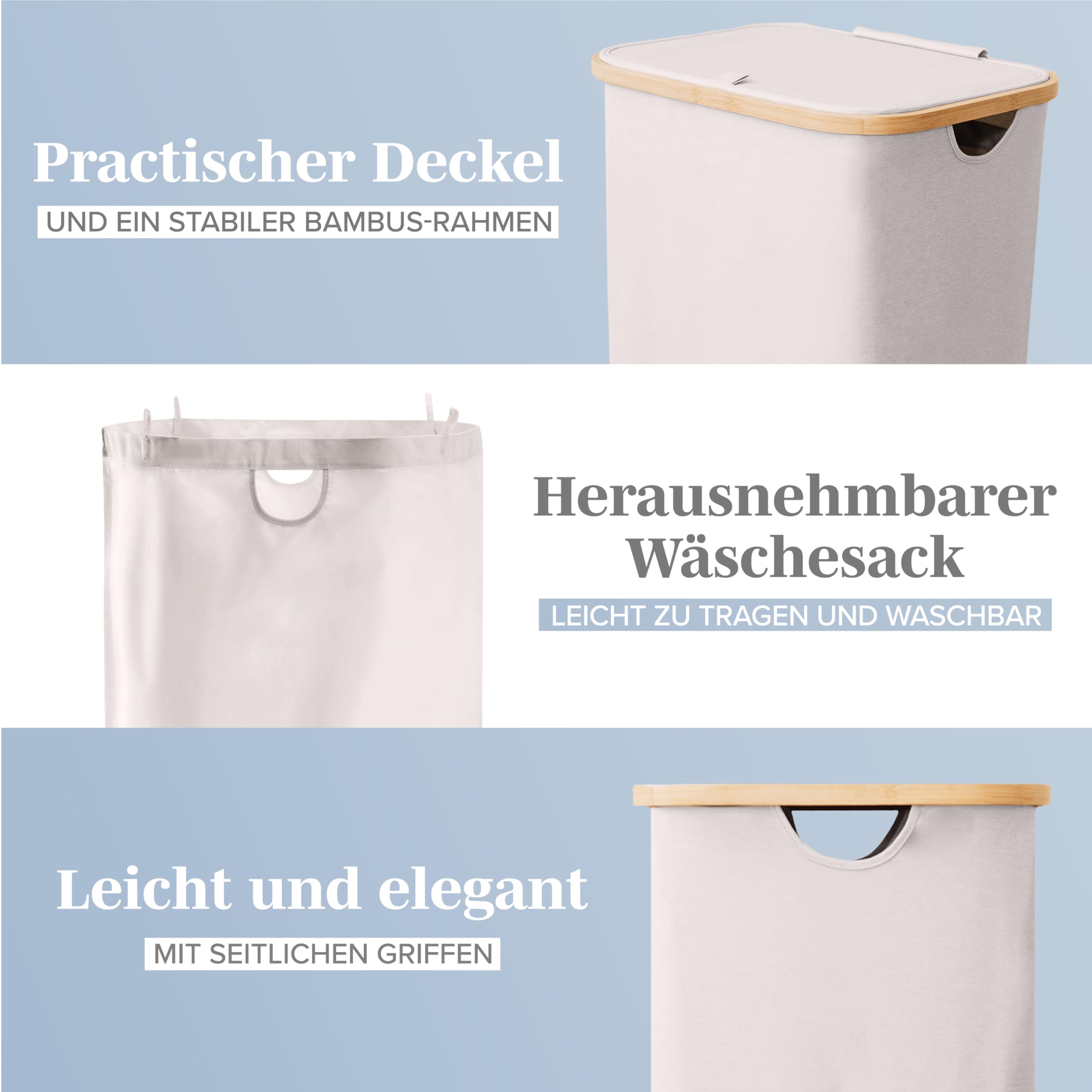 LONBET Wäschekorb mit Deckel 100L Groß - Stilvoller Wäschesammler Atmungsaktiv mit Stabilem Bambus-Rahmen - inklusive Herausnehmbarem Wäschesack Waschbar - Laundry Baskets Wasserdicht | Beige