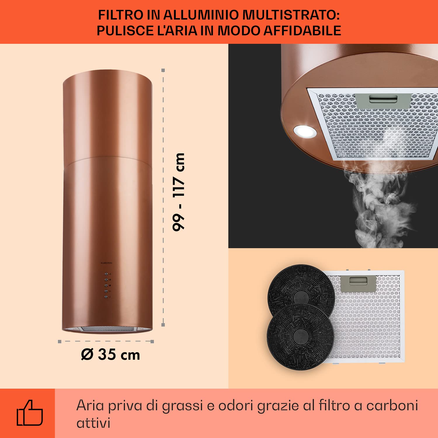 Klarstein Cappa Isola, Cappa Cucina con Timer, Flusso d'Aria di 650m³/h, Cappa per Isola Cucina con 3 Modalità e Design Candelabro Rame