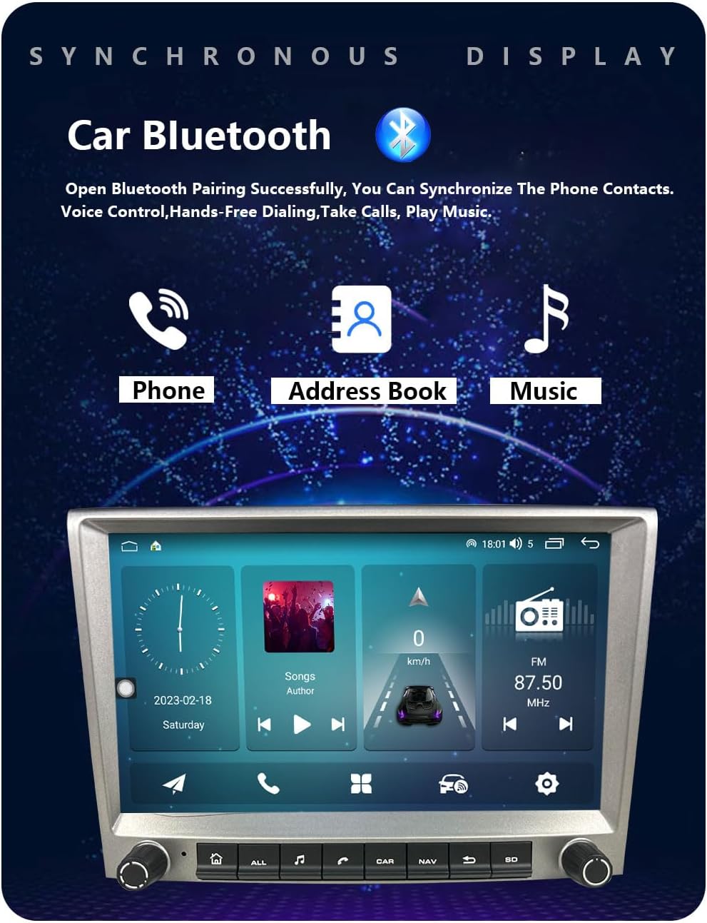 CHSTEK car radio displaying Bluetooth phone, address book, and music functions