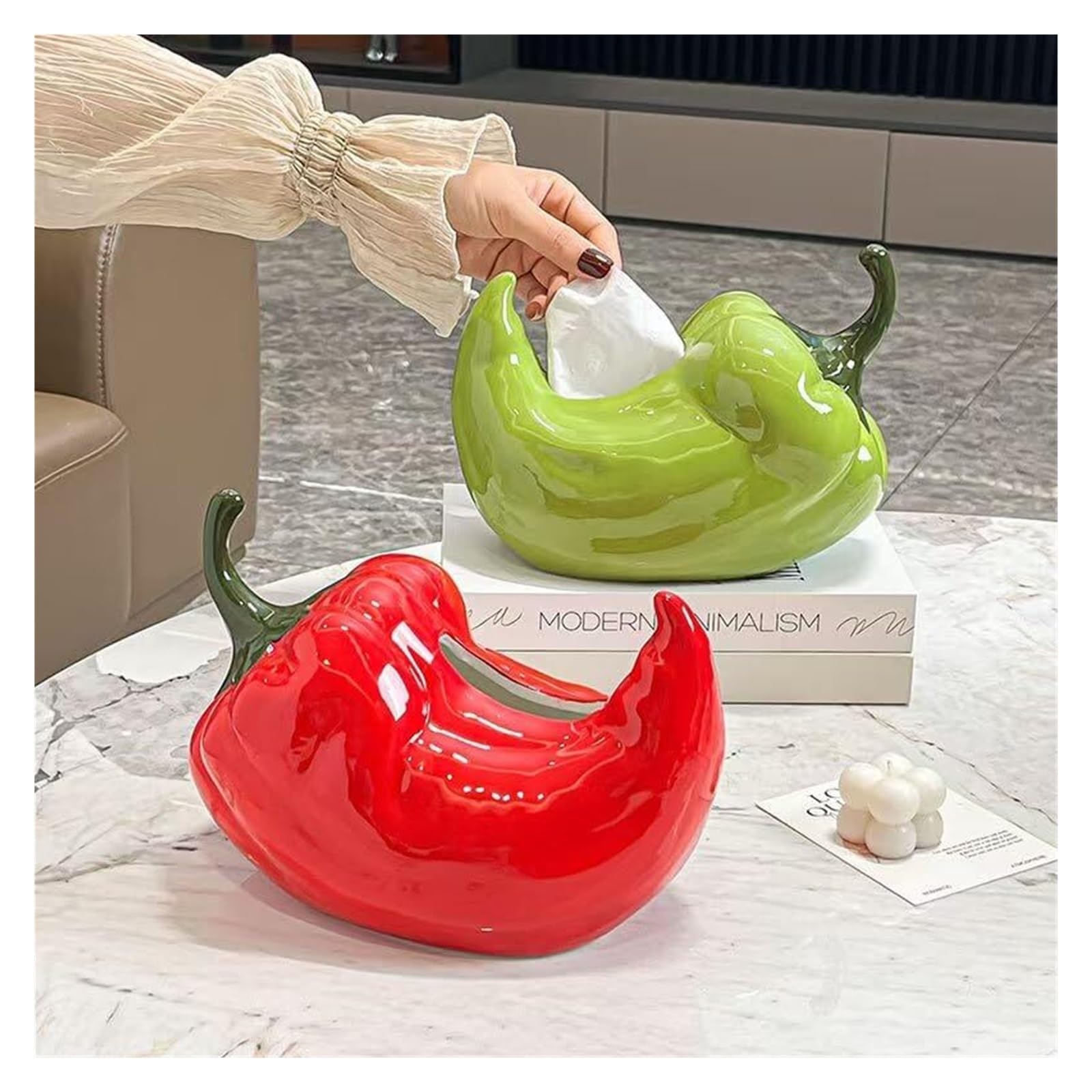 Kosmetiktuch-Spenderbox Dekorative Taschentuchbox aus Keramik mit Chili-Pfeffer-Motiv, modernes, minimalistisches Design Must-Haves für die Wohnung(Green)