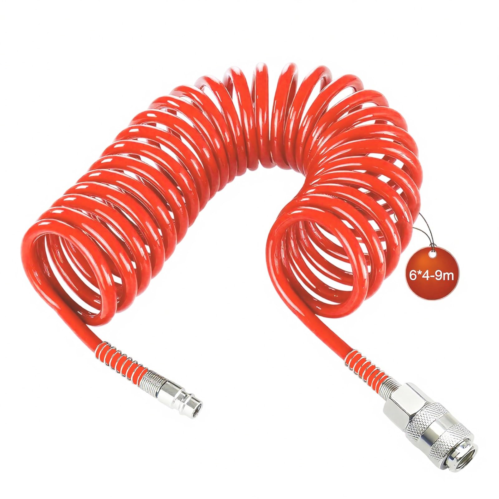SRJQXH 9 m Compressed Air Spiral Hose, Orange Compressed Air Hose, Diameter 6 x 4 mm Air Pressure Hose, Spiral Compressor Hose, with Connector, for Household, Workshop, Car Workshop