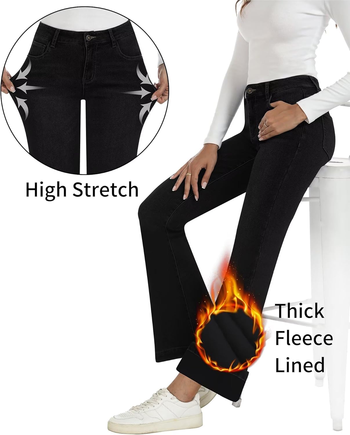 Fleece Lined Jeans Women High Waisted Stretchy Warm Winter Thermal Pants Thick Bell Bottom Wide Leg Jeans Woman - Image 3