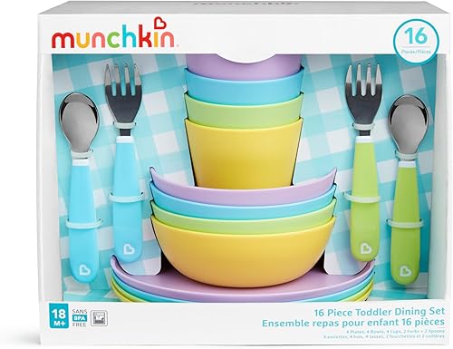 Miniatura 6 de Munchkin Juego de comedor para niños pequeños, incluye platos, cuencos, tazas, utensilios y manteles individuales de silicona