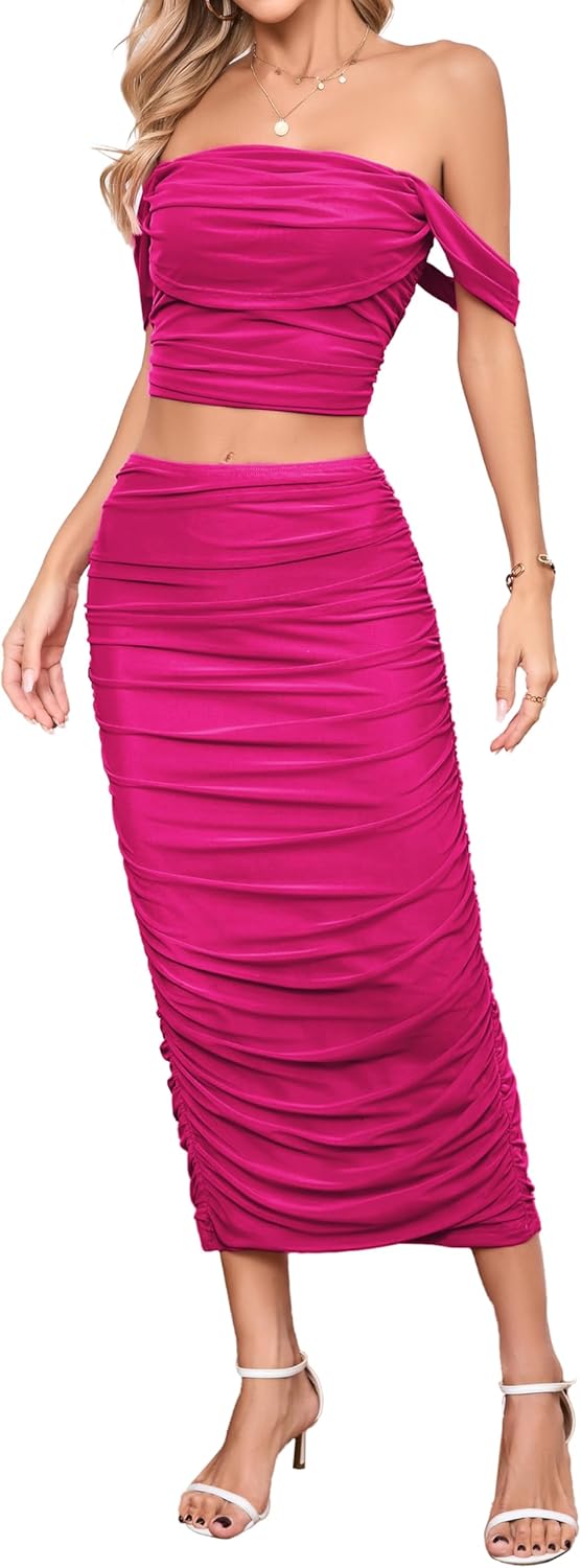 Women's 2 Piece Sexy Mesh Off Shoulder Top & Ruched Bodycon Dress Sets with Back Slit - Image 2