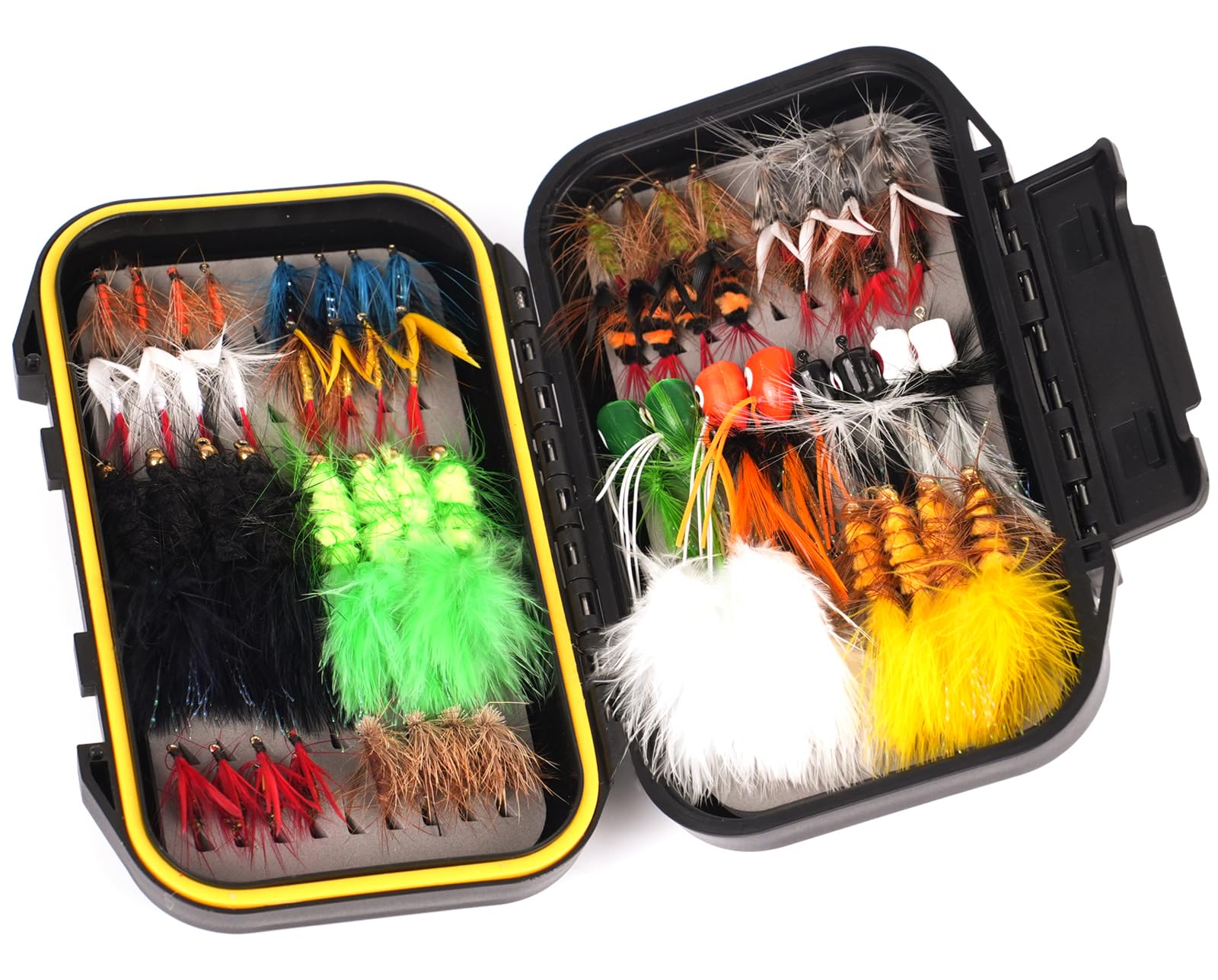 TWUROTI 64PCS Fly Fishing Flies Assortment Kit for Trout Bass, Dry/Wet Flys Fishing Lures | Popper Woolly Bugger Flies with Waterproof Fly Box