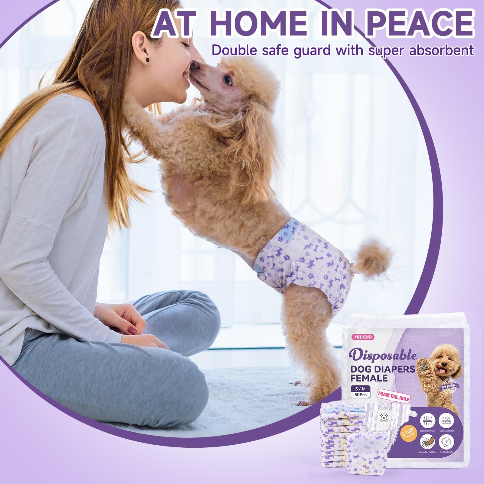 MICOOYO Pañales para perros femeninos, 40 unidades, pantalones desechables para perros con agujero trasero ajustable, pañales súper absorbentes para hembras y gatos en temporada de calor para