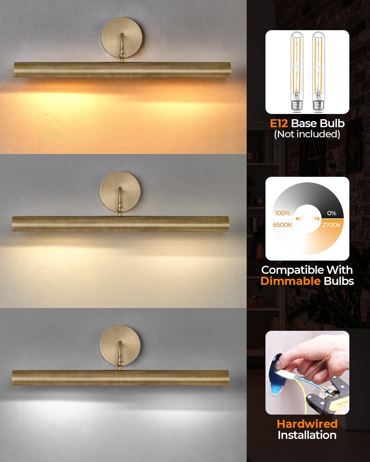 Picture Lights for Wall,30 in Brass Artwork Display Lamp,Rotatable 180°Gold Art Light Hardwired Artwork Display Lamp Pictures Frame,Painting Wall Lights,Bathroom Sconce E12 Base No Bulbs