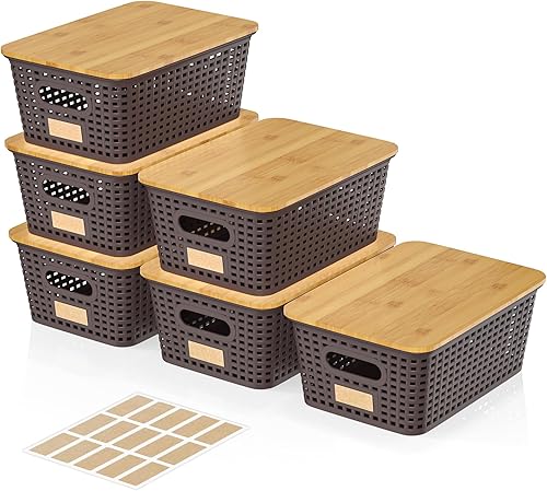 Miniatura 12 de 6 contenedores de almacenamiento con tapas, cesta de almacenamiento de plástico apilable con tapa de bambú, caja organizadora de despensa, Blanco