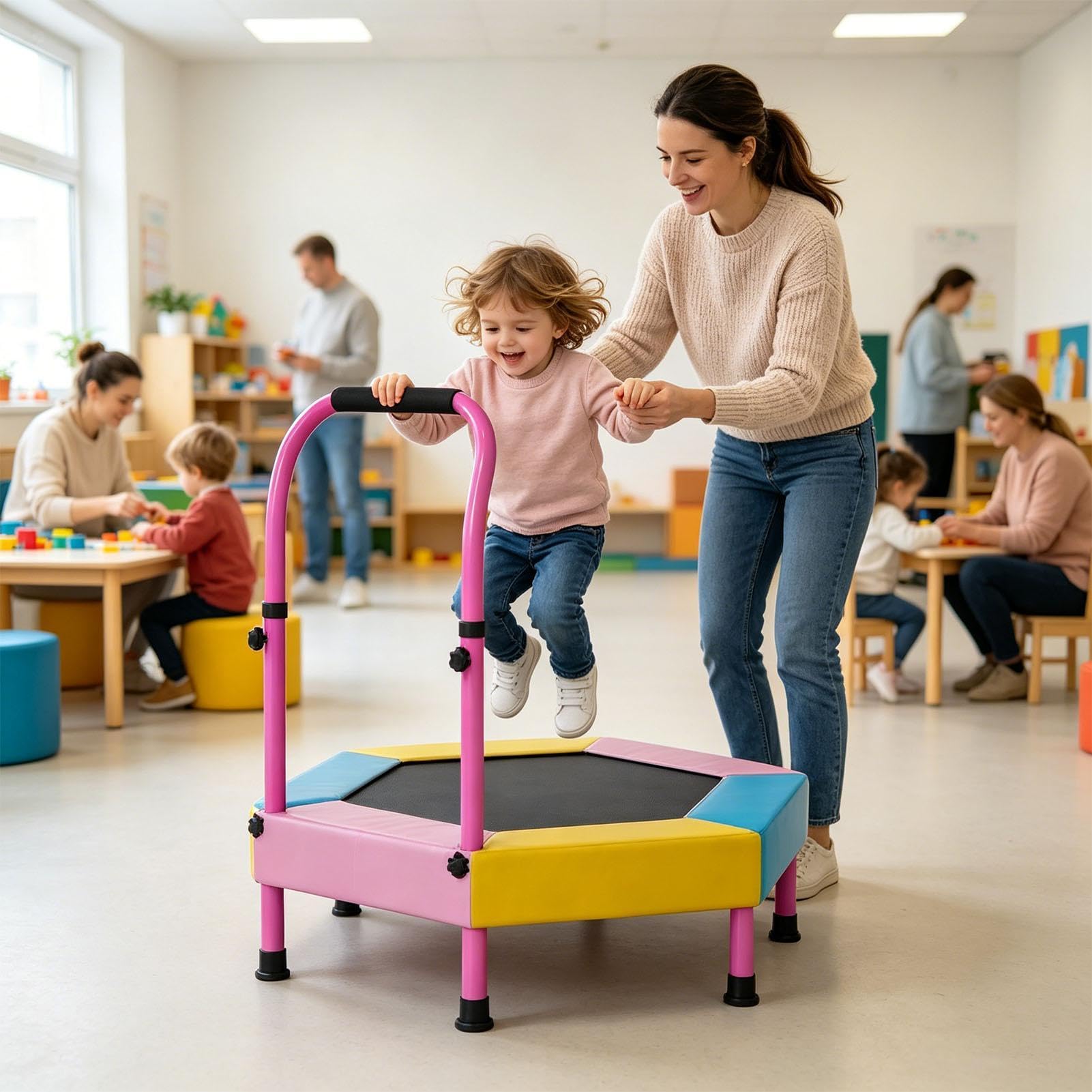 Trampolin Indoor 3ft faltbares Springspielzeug | Kindertrampolin mit verstellbarem Griff für Klassenzimmer, Kindergarten, Zuhause, Fitnessstudio, Park, Spielplatz, Rasen,