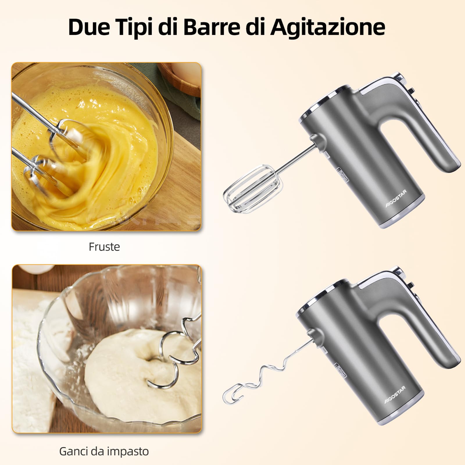 Aigostar Adela - Sbattitore Elettrico, Potenza di 400 W, 5 Velocità Regolabili e un Pulsante Turbo, una Staffa Portaoggetti, 2 Fruste e 2 Ganci. Color Argento