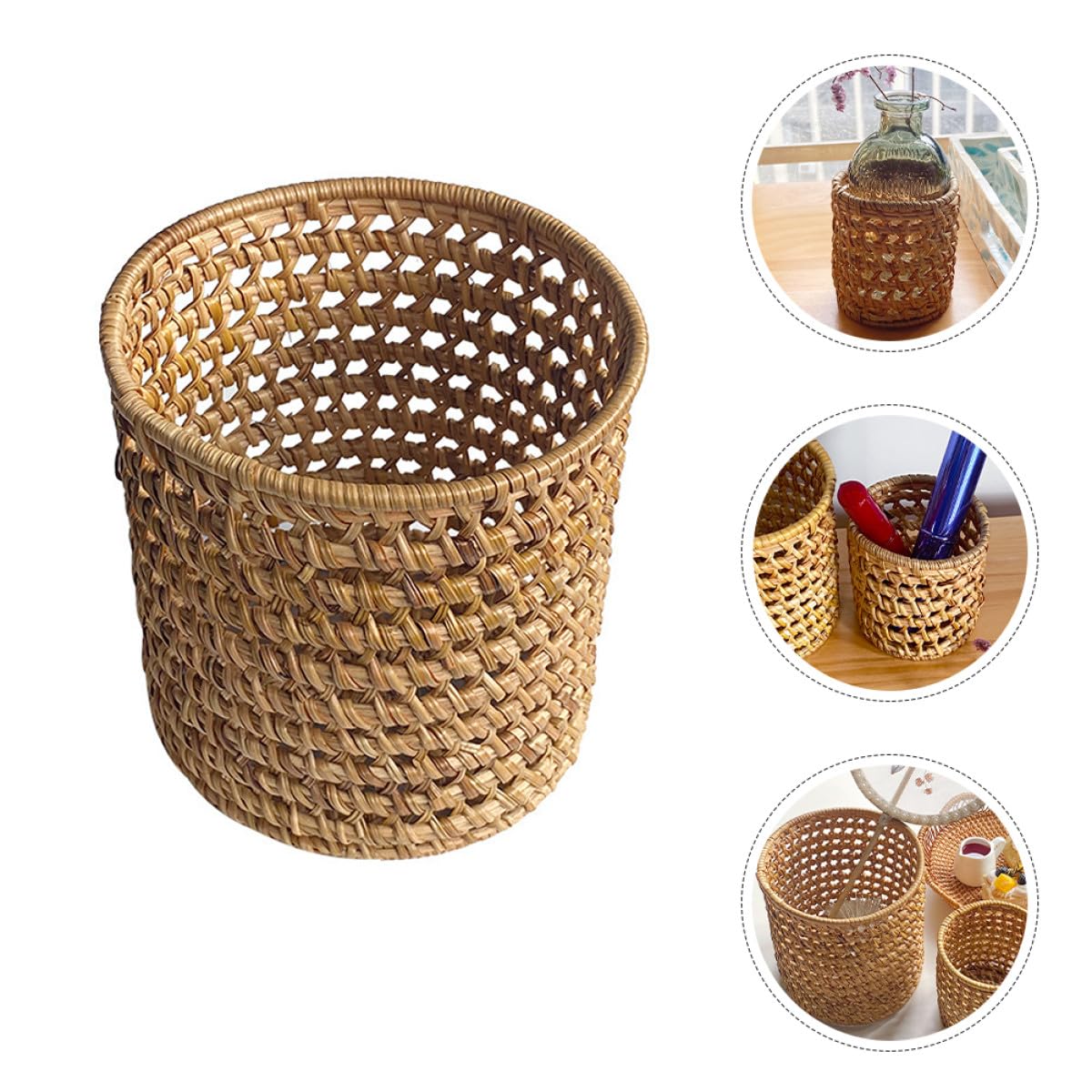 Zerodeko Porte-stylo en Rotin Tressé Naturel, Pot à Crayons Multifonction Petit Format Ø8x8 Cm, Organiseur de Stylos et Pinceaux de Maquillage pour Bureau et Maison