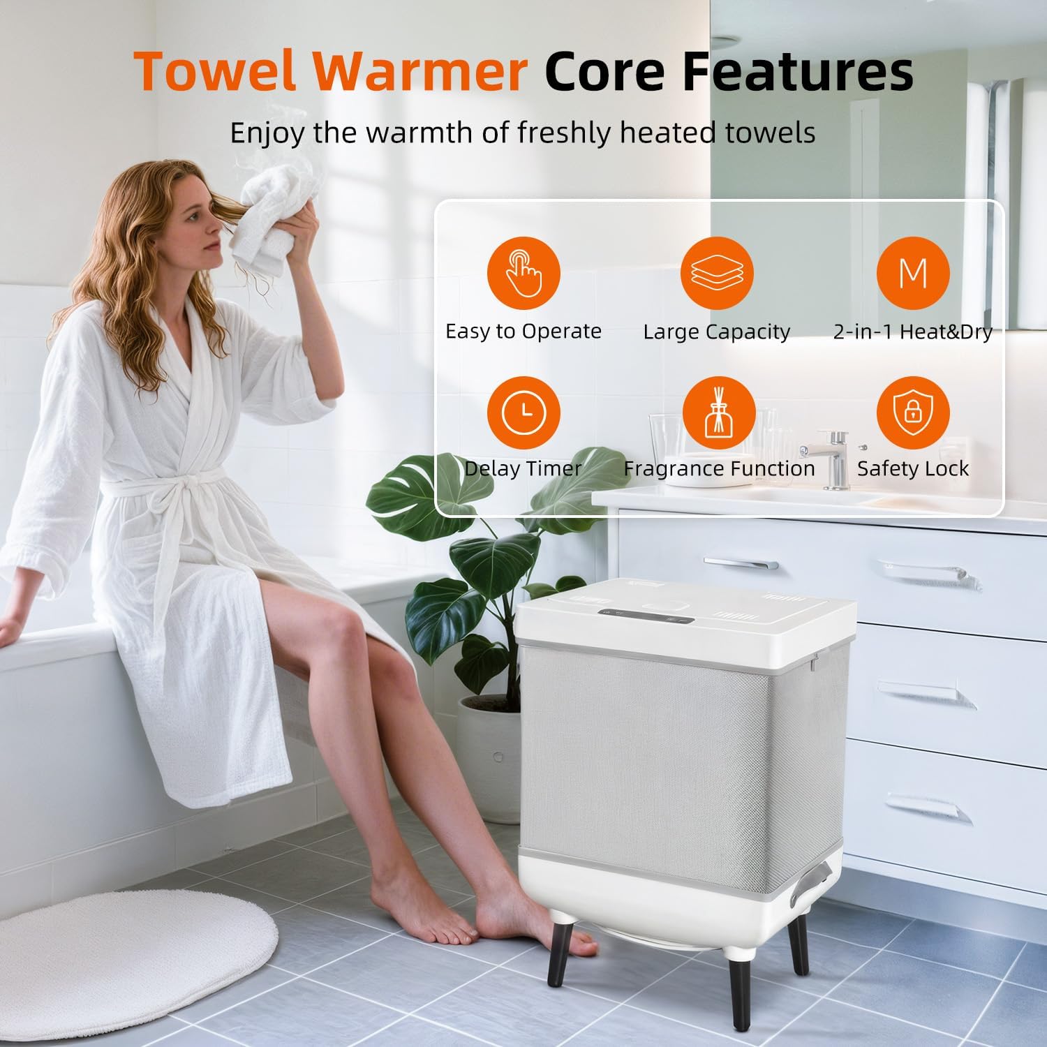 Towel Warmers for Bathroom, Foldable Hot Towel Warmer Bucket, Heat & Dry 2-in-1, Large Capacity(35L), Fits Up to 3 Oversized Towels(45"x70"), Bathrobes, Blankets, Portable Handle, Ideal for Home & Spa