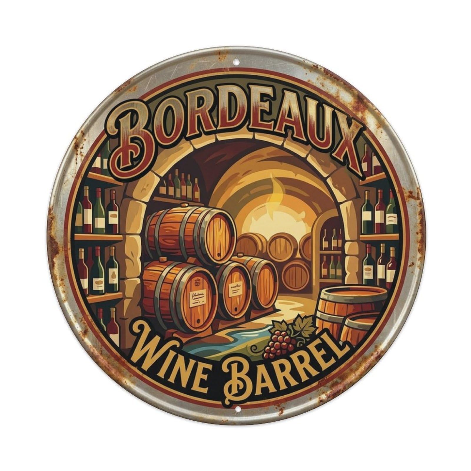 Classic Grape Harvest Wine Barrel Bordeaux City Metal Tin Sign