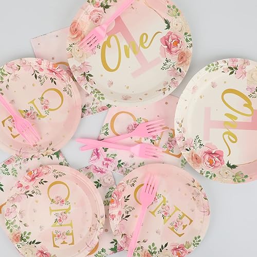 Miniatura 5 de 96 piezas de suministros para fiesta de primer cumpleaños para niñas, platos de un cumpleaños, servilletas, vajilla, primer año, cumpleaños,