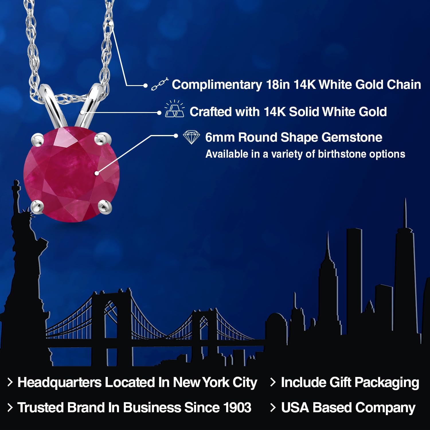 Gem Stone King 14K White Gold Red Ruby Pendant Necklace for Women | 1.00 Cttw | Gemstone July Birthstone | Round 6MM | With 18 Inch Chain - Image 2