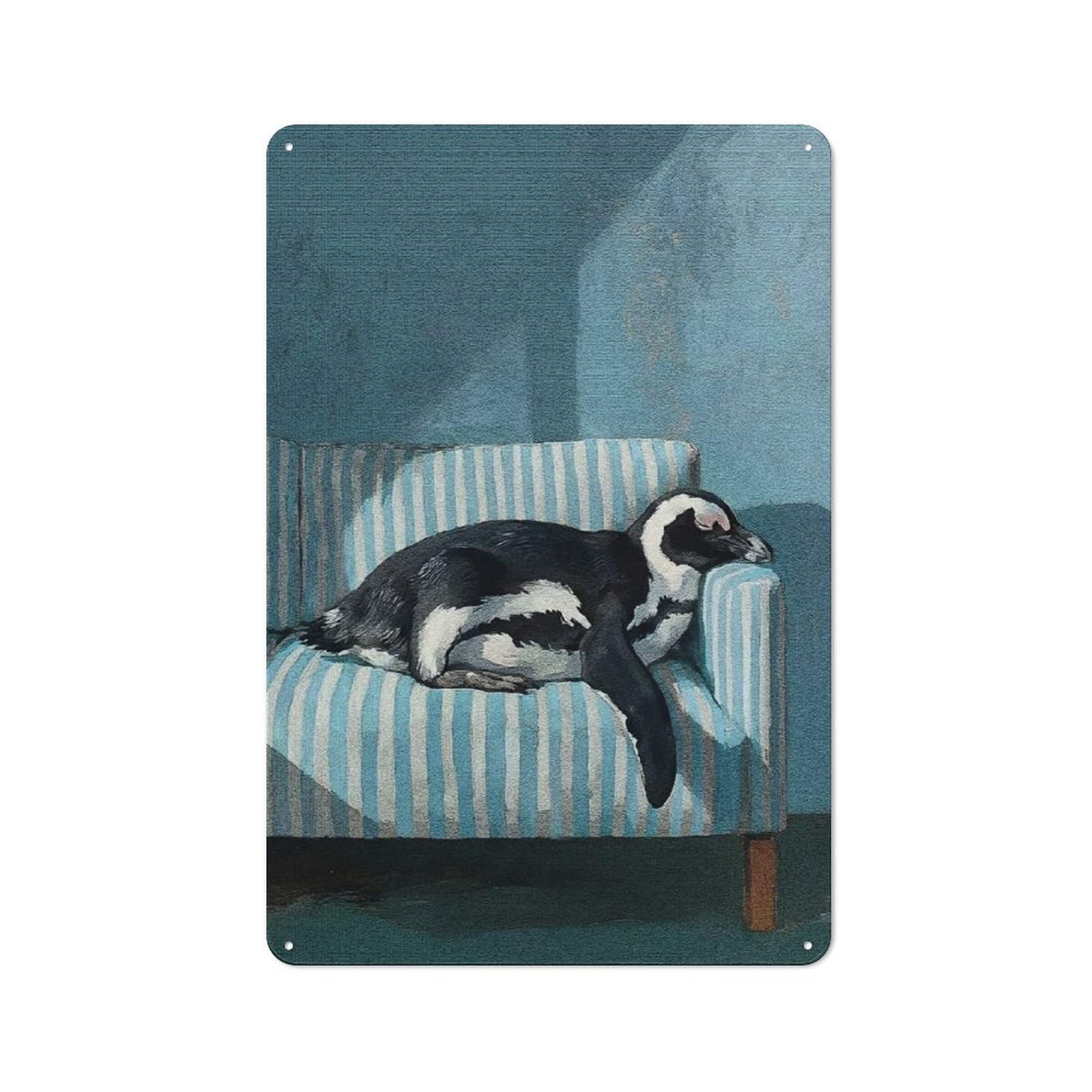 Junmoney Style-20 Penguin Napping On Striped Couch Rustic Tin Wall Plaque 30X20cm For Hobby Room Or Studio, A Christmas Gift For People Styling Hobby Room And Studio