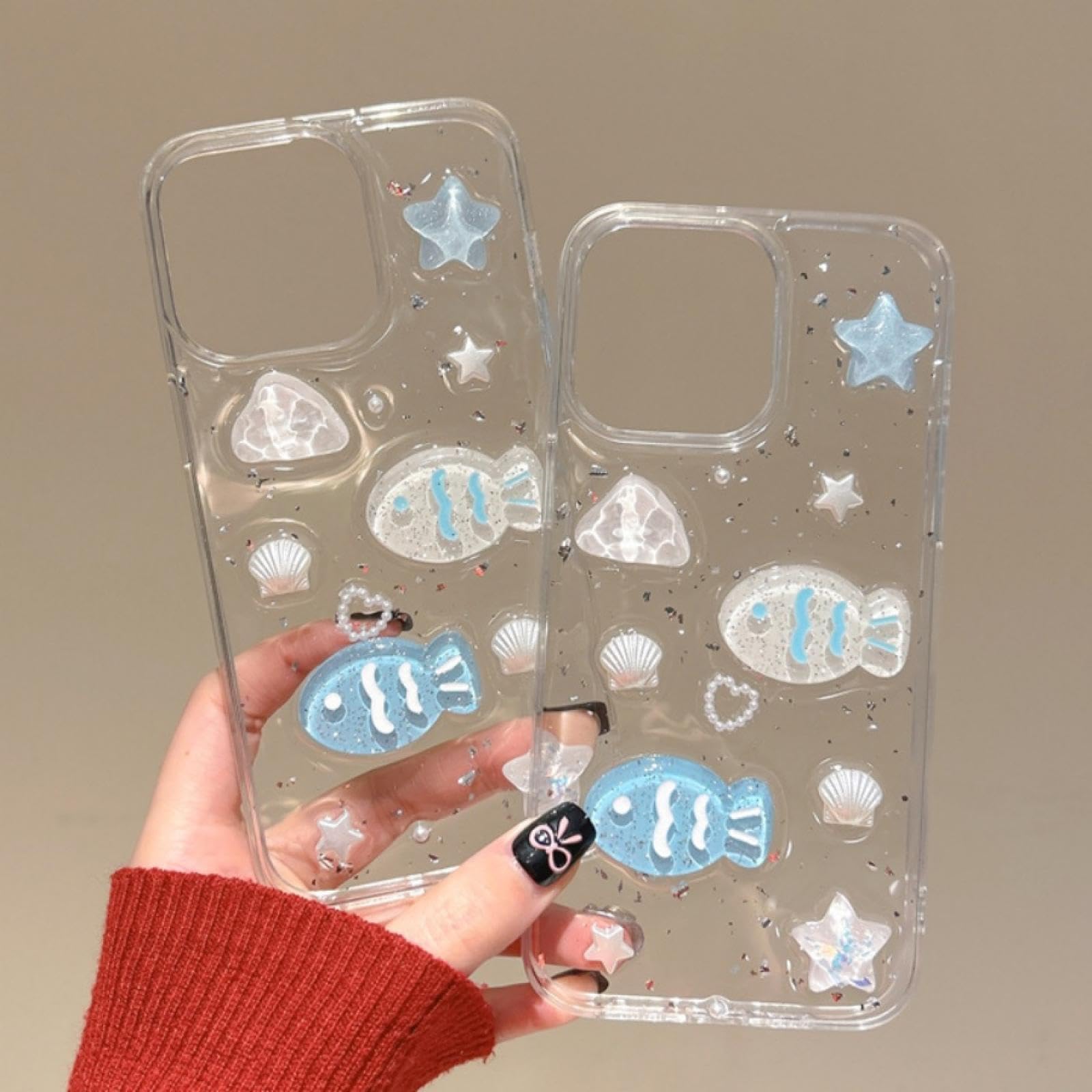 Coque Transparente pour iPhone 15, Motif Petit Poisson, Paillettes et Colle (pour iPhone 15/Fish GS)