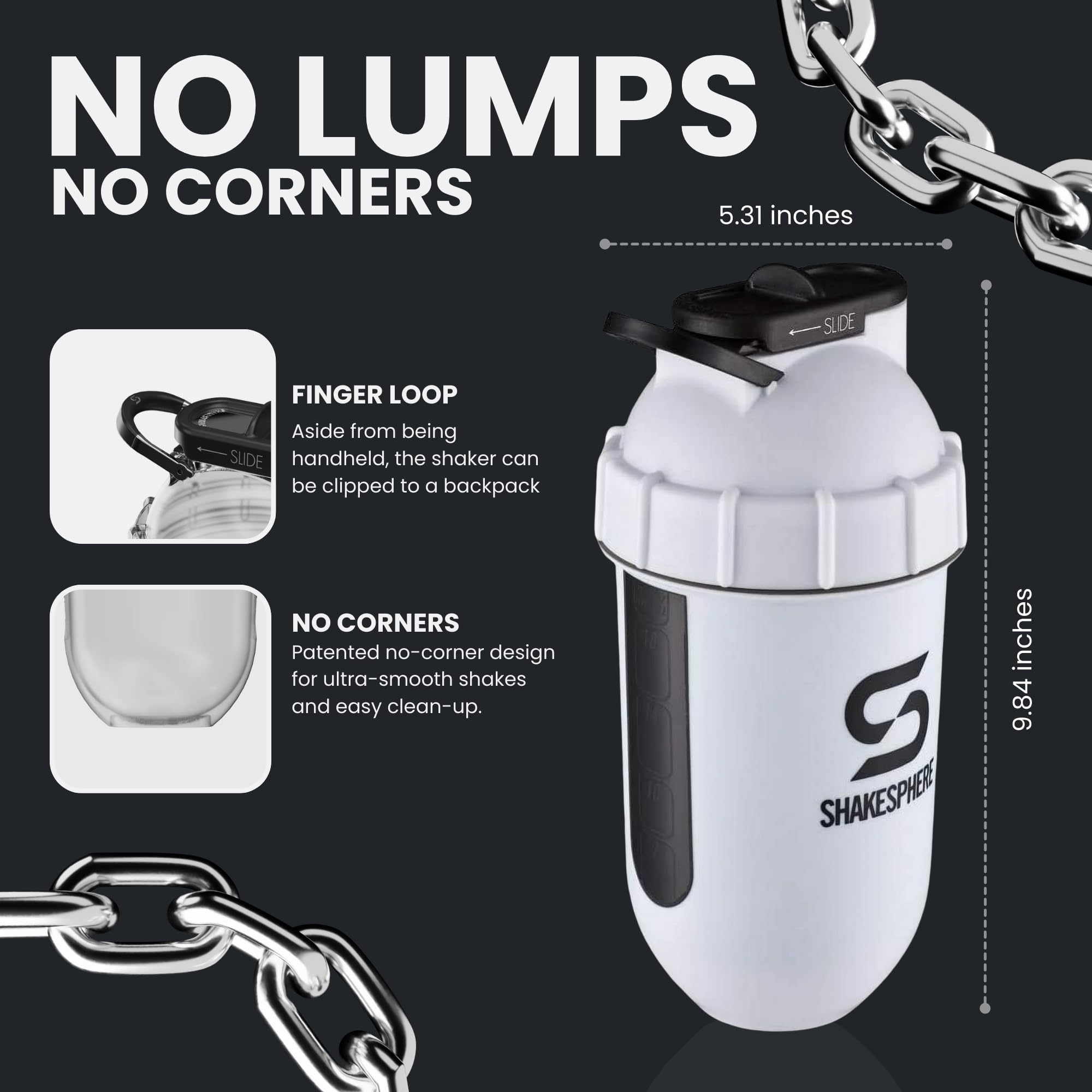 ShakeSphere Tumbler View: Flacon de shaker de protéines avec fenêtre latérale, 24 oz ● Mélange de forme de capsule ● Nettoyage facile ● Pas de boule de mélange (fenêtre noir blanc mat)