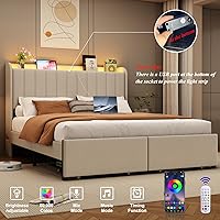 Vista 4 de Base de cama tamaño matrimonial con cabecera de almacenamiento y 2 cajones, base de cama tapizada con luces LED y práctica estación de carga, no Gris