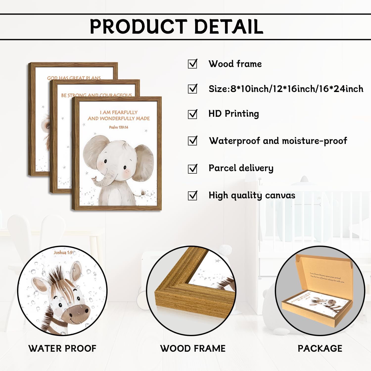 Dytila Framed 3 Piece Christian Nursery Wall Decor, Jungle Themed Nursery Decor, Safari Baby Boy Room Wall Art, Animal Pictures Canvas Prints, Elephant Lions Zebra Paintings Kids Artwork 12x16 inch