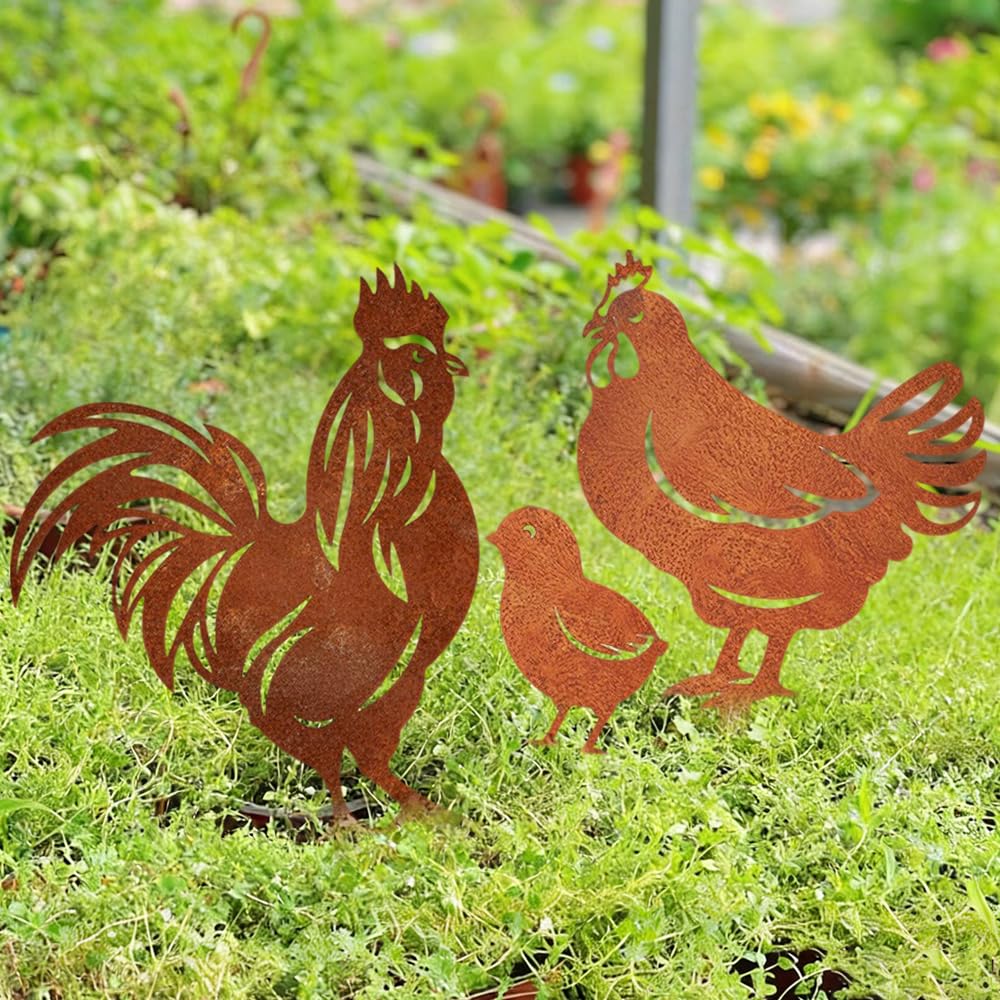 Coq de jardin et poussins en métal : piquets de jardin poulet rouillé extérieurs
