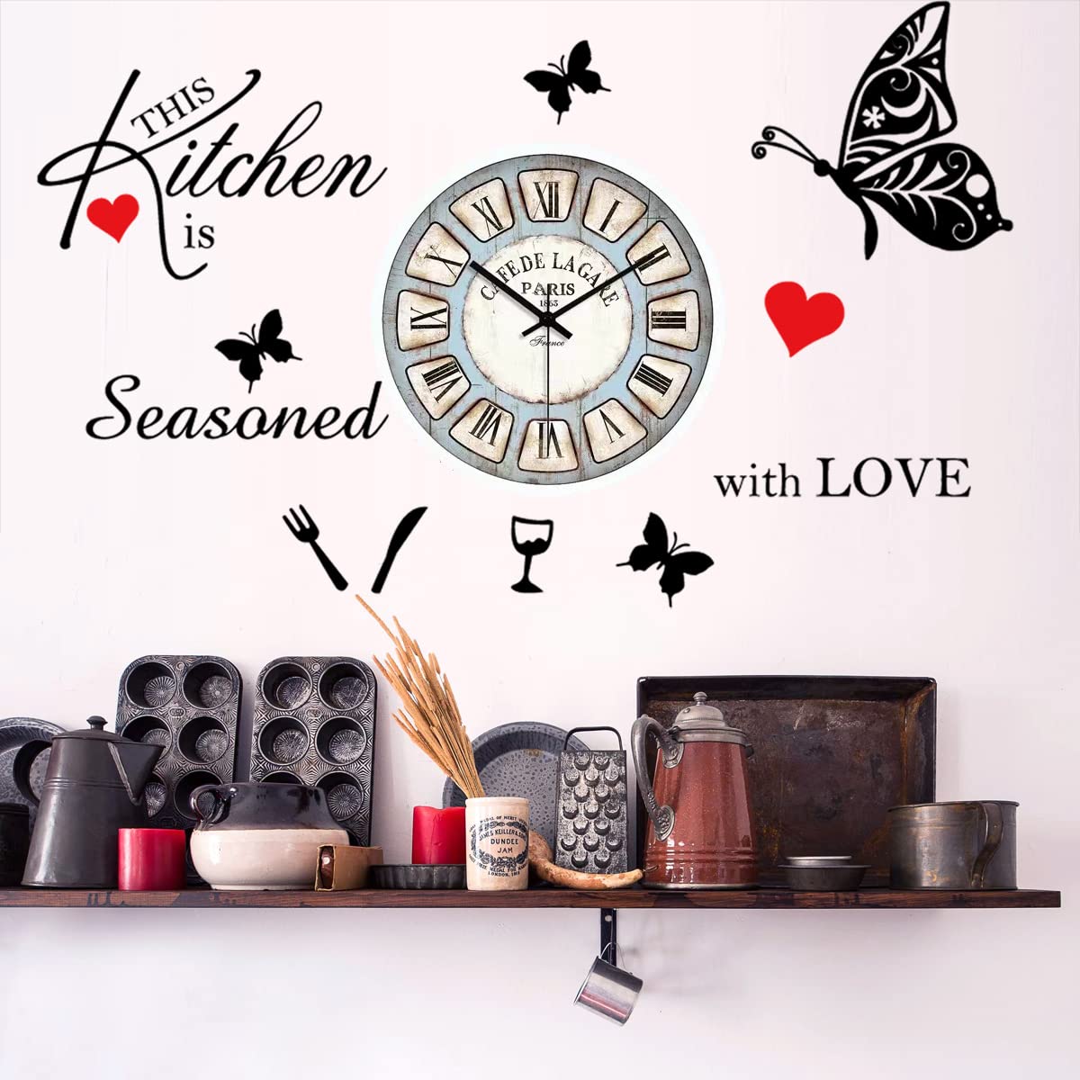 Kuchnia ścienna dekoracja naklejki kuchnia cytaty 'This Kitchen is Seasoned with Love' czerwone serce motyl naklejka ścienna usuwalne naklejki ścienne wazon sztuka ścienna naklejka do jadalni kuchni restauracji domu
