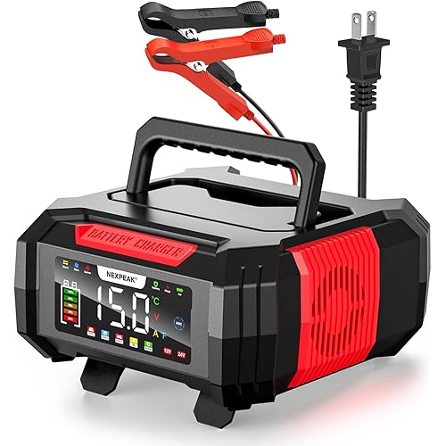 NEXPEAK 15A Battery Charger, Trickle Charger 12V/24V Car Battery Charger 9-Stage Smart LiFePO4 Charger Battery Maintainer w/Overcharge Protection Pulse Repair for Car Truck Motorcycle Lawn Mower