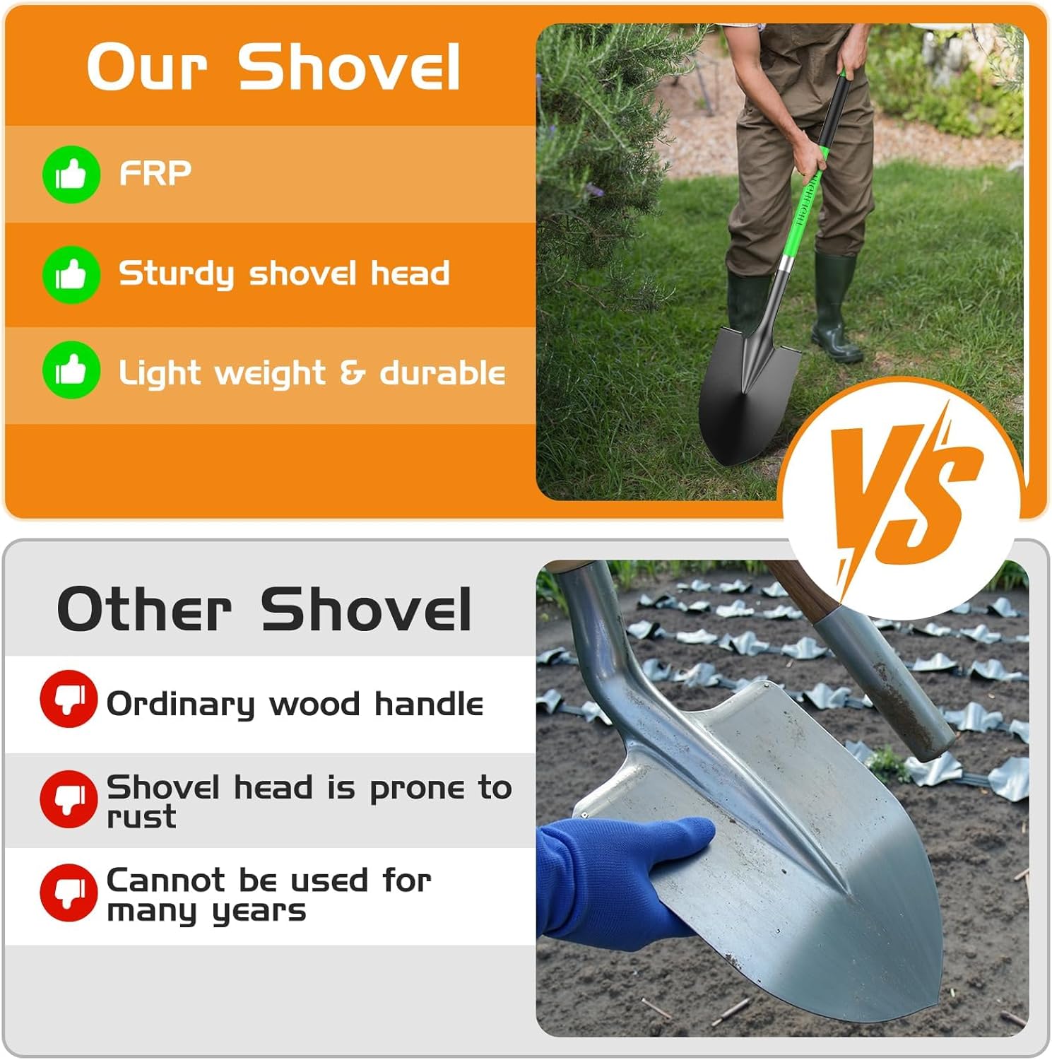 HIGHLIGHT Spade, Heavy Duty Gardening Shovel, Garden Shovel 56 inch for Digging, Round Shovel with D-Handle, for Garden,Beach, Snow, Fiberglass Handle (Green)