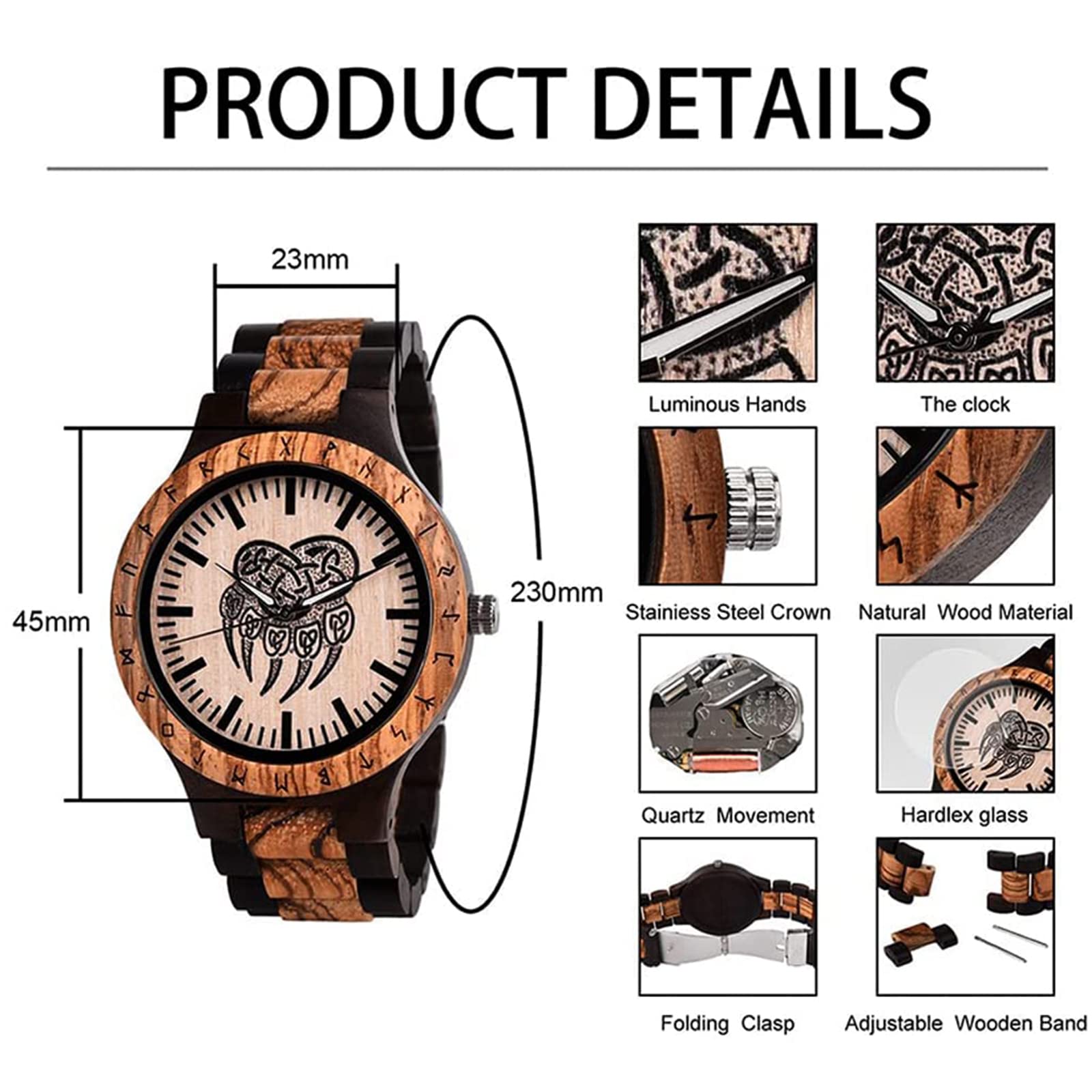 Reloj analógico de madera vikinga con diseño de pata de oso vikingo, reloj de pulsera con movimiento de cuarzo, hecho a mano con grabado de madera con envoltura de regalo