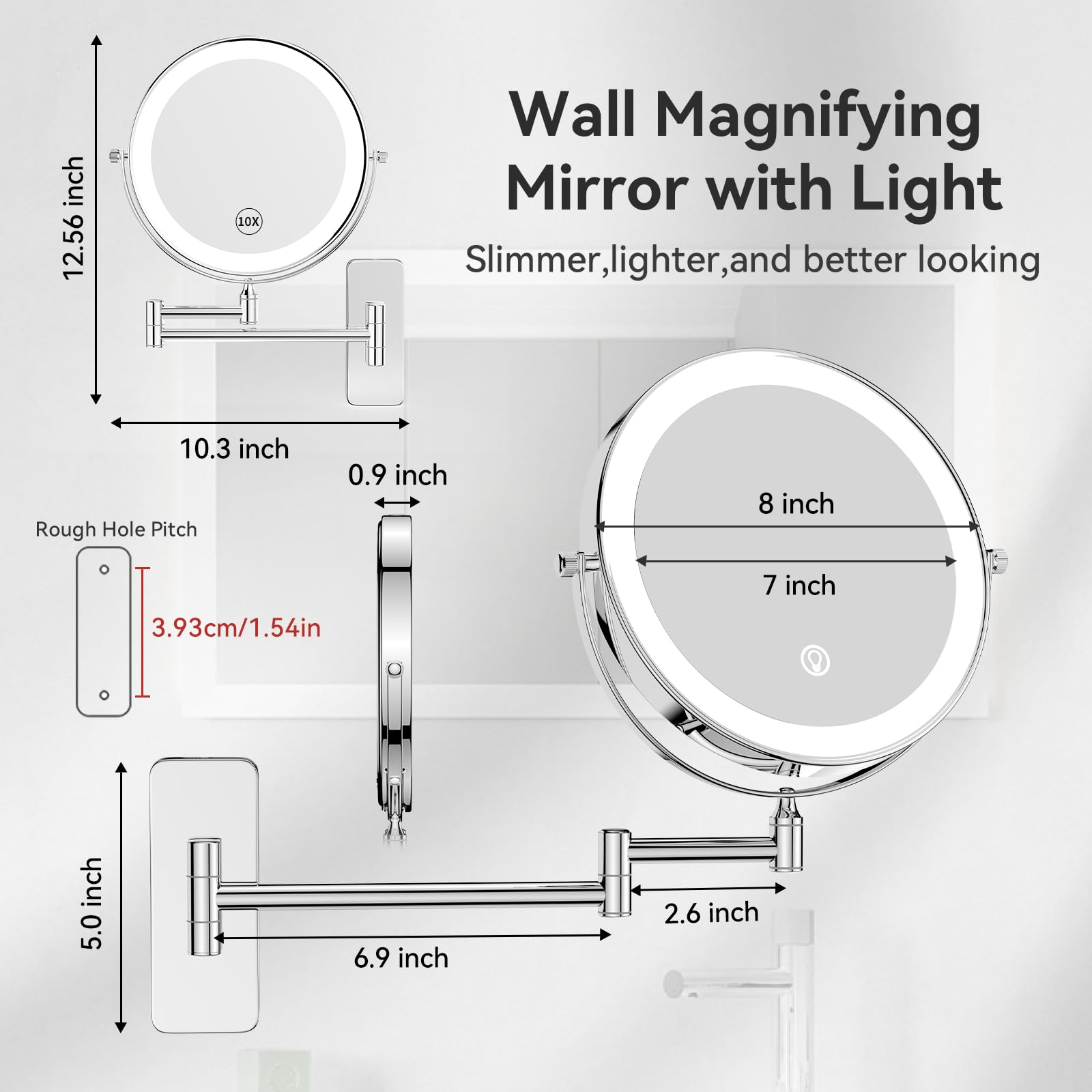 Nicesail Specchio da parete per cosmetici con illuminazione e ingrandimento 10x - Ricaricabile - Luce a 3 colori - Luminosità regolabile - Controllo touch - Cromo - Specchio da bagno a ingrandimento