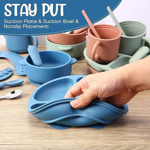 Miniatura 4 de Juego de 24 suministros de silicona para alimentación de bebé, incluye platos divididos de succión, cucharas de tazón suave, tenedores, babero