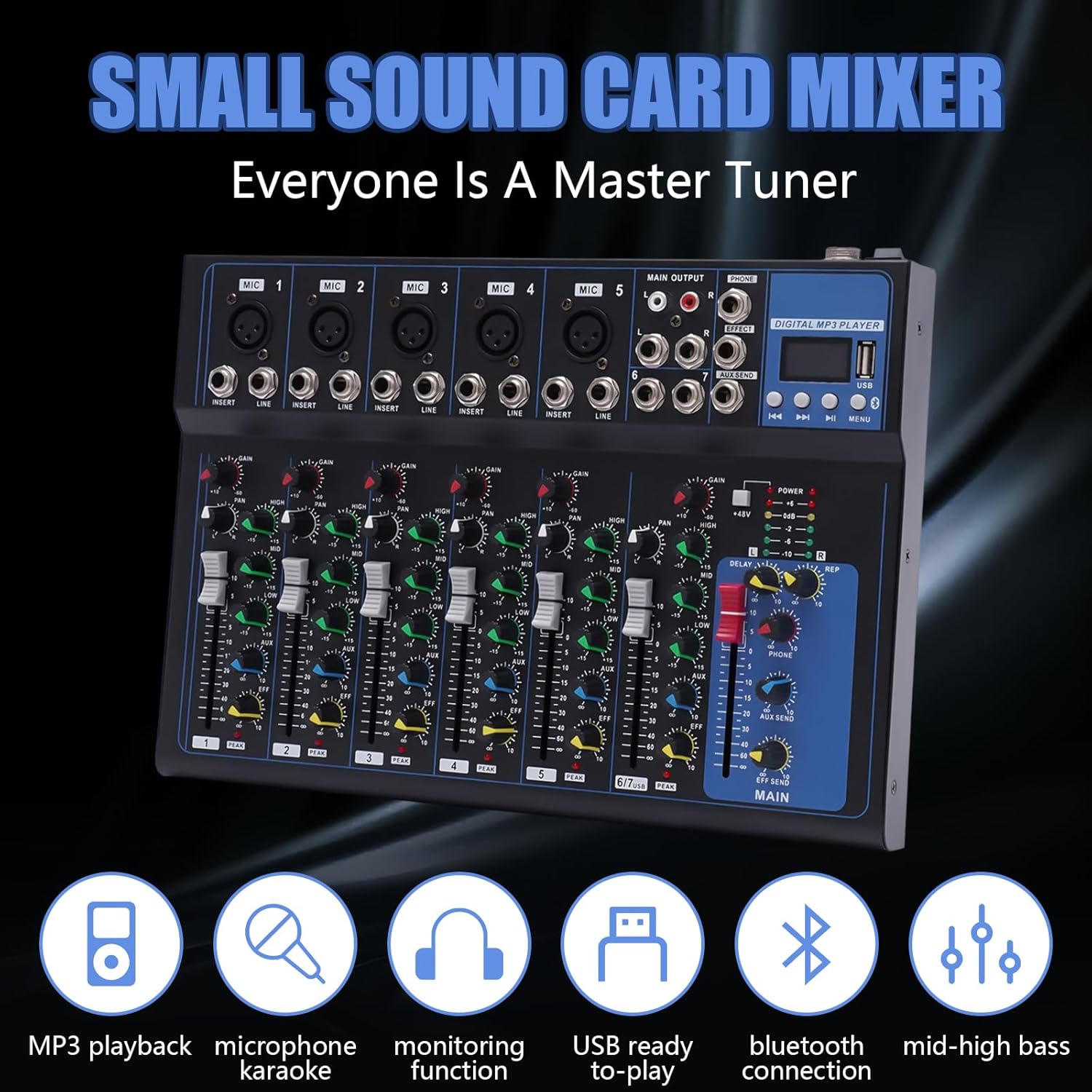 Bluetooth Portable Audio Mixer w/USB DJ Sound Mixing Console MP3 Jack 48V Power, 7 Channel Bluetooth Mixer, 7-Channel Bands Mixing Boards For Studio Recording, Home KTV