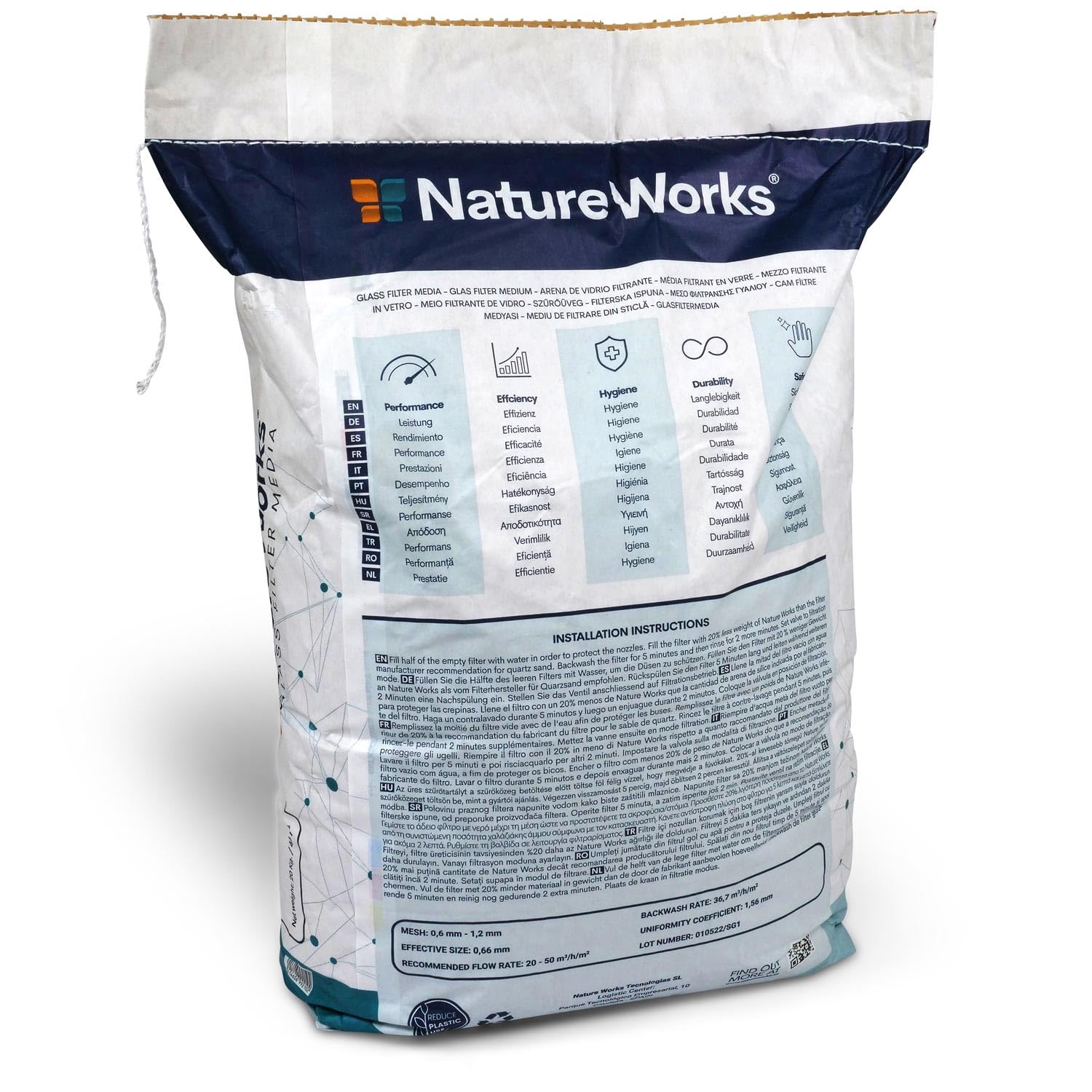Nature Works Hi-Tech Verre filtrant 0,6-1,2 mm – 20 kg – Médium filtrant de qualité supérieure pour piscine, étang et eau potable – 99,64 % de puissance de filtration – Technologie anti-compaction