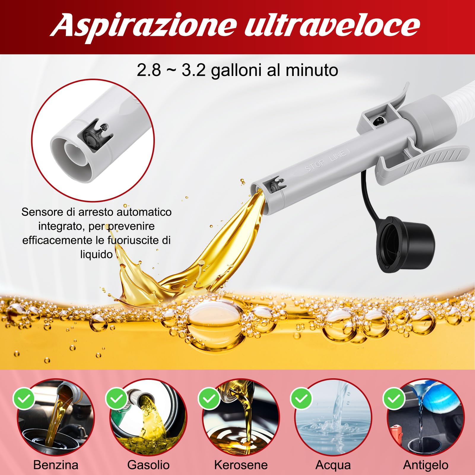 Yosoo Health Gear Pompa di Trasferimento Carburante, Portatile Pompa Travaso Benzina Elettrica con Arresto Automatico, Telescopico Tubo Principale, Portata 3.2 GPM per Auto Camper Generatore Barca