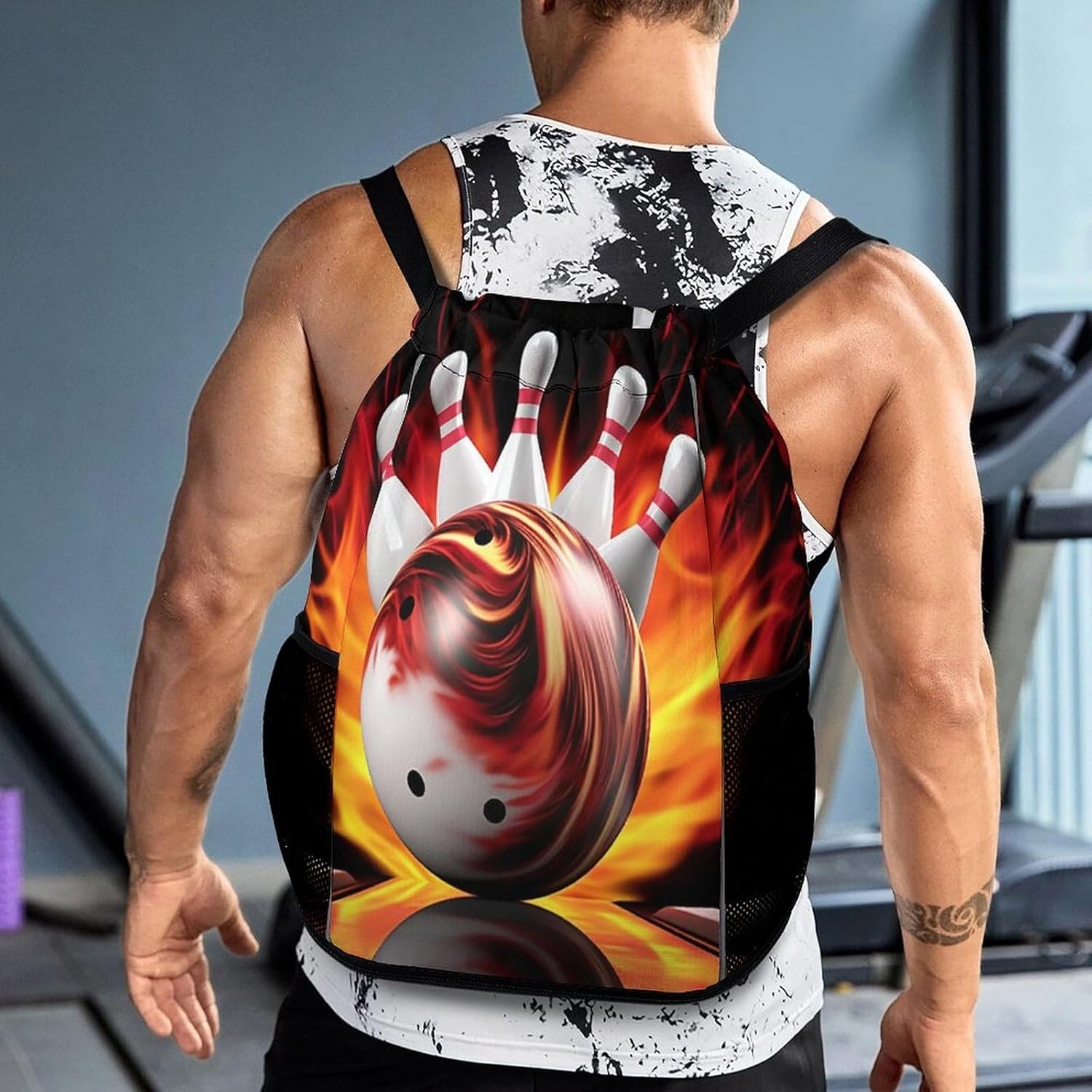 Small Gym Bag Bowling Ball Printed Drawstring Gym Bag for Men Lightweight Waterproof Drawstring Backpack for Women with Shoe Compartment for Travel Tourism Work And Fitness