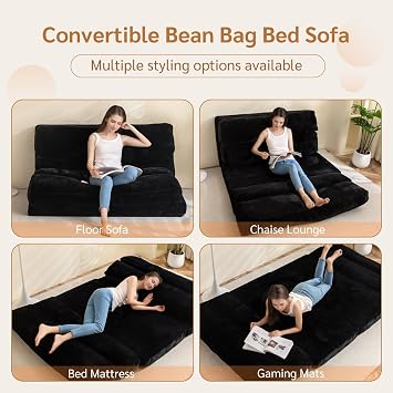 MAXYOYO Bean Bag Bed Folding Sofa Bed Mattress for Adults, Extra Thick 6 Fold Floor Couch for Bedroom Living Room, Black, 75x240 cm
